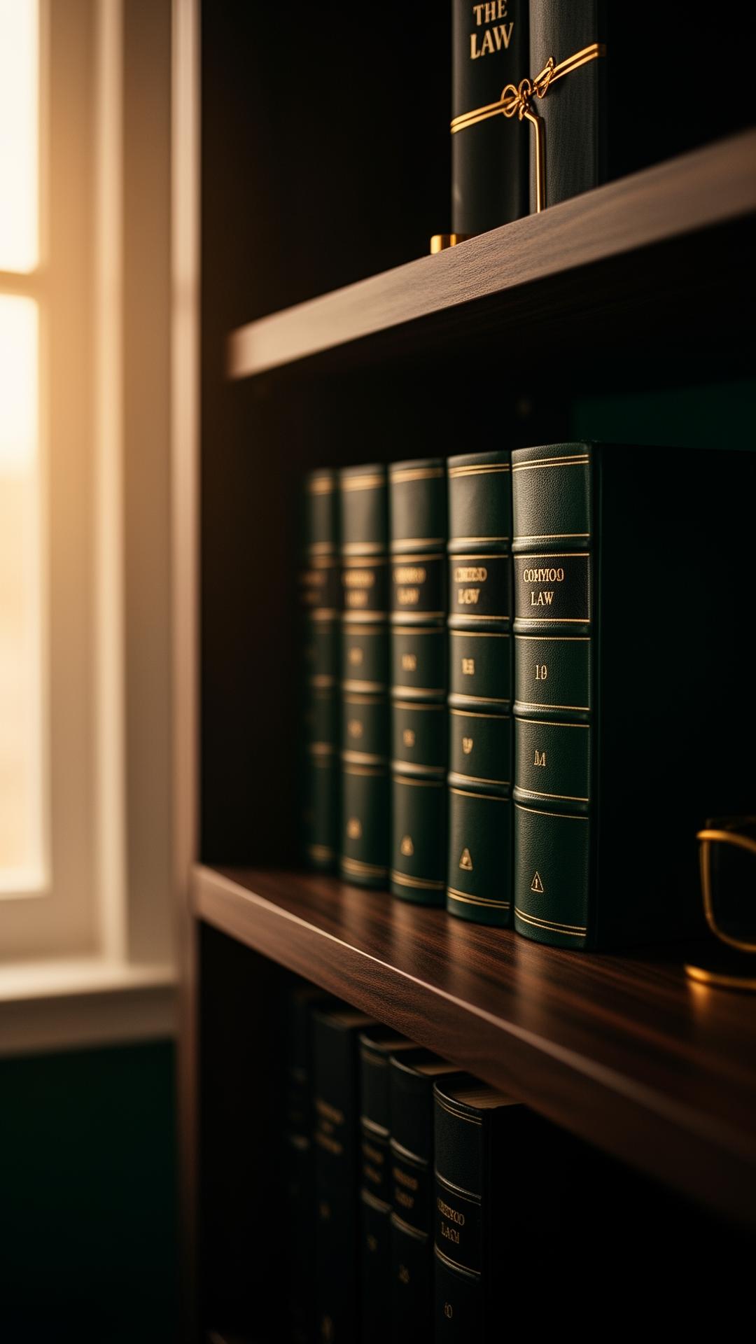 Leather-bound law books on a walnut shelf in warm light